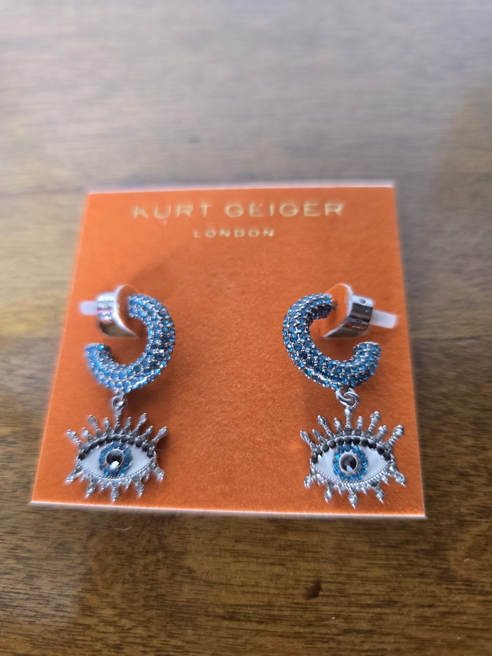 Kurt Geiger London Blue Crystal Evil Eye Huggie Drop Earrings